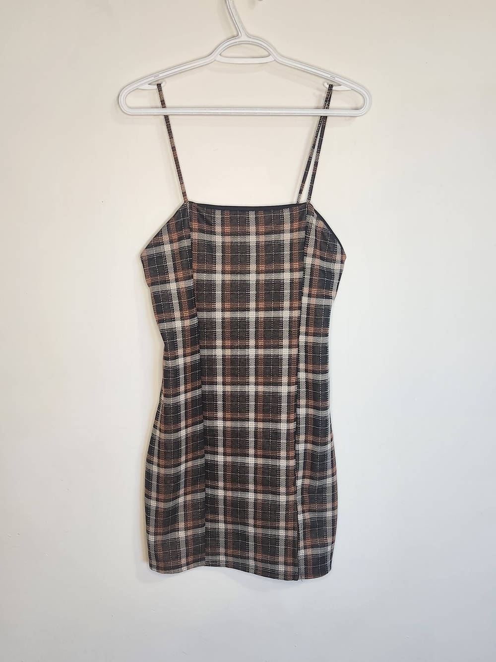 NWT Plaid Spaghetti-Strap Mini Dress — Brown & Black